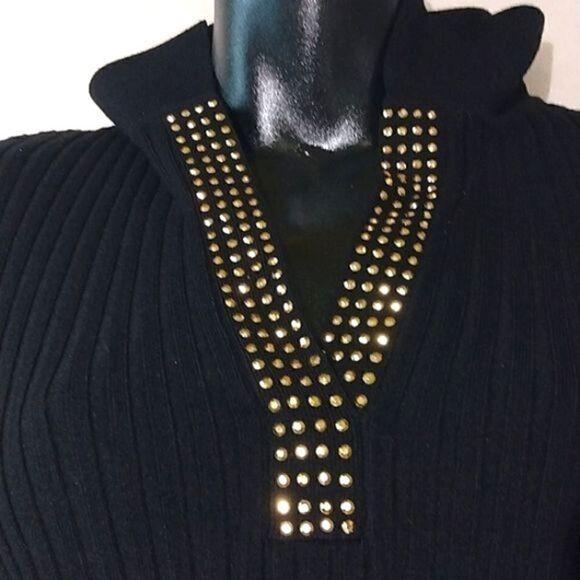Cache Ribbed V Neck Collered Sweater w/ Gold Applique SZ medium - Picture 4 of 11